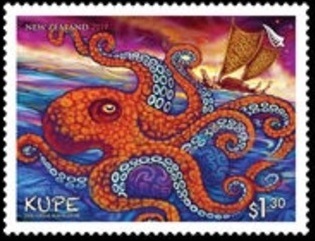 A large octopus in the foreground with Kupe's vessel approaching